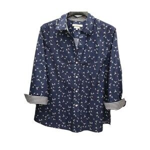 Foxcroft Button Up Shirt Womens XXL Blue White Seagulls Nautical Coastal Casual
